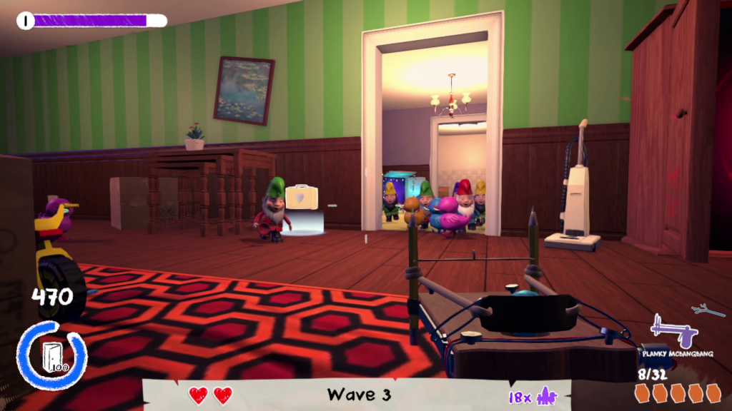 Adegan karakter menggunakan pistol mainan untuk menghalau gerombolan mainan yang akan melewati koridor.